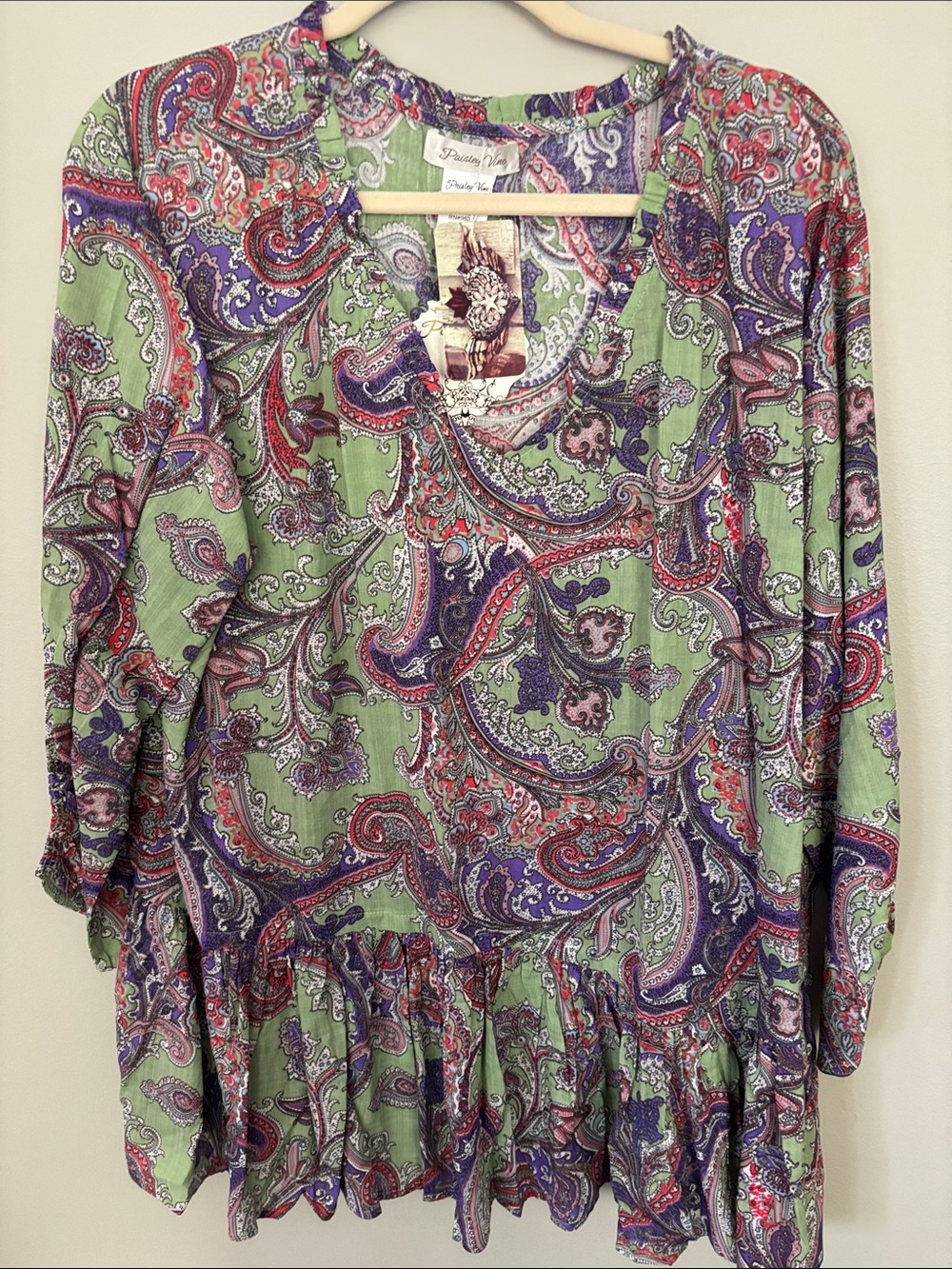 Boho Paisley Peasant Tunic - Green & Purple
